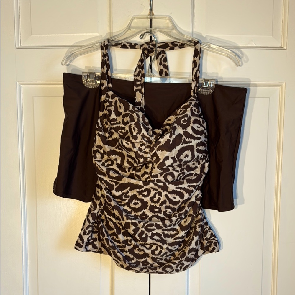2 piece Anne Cole Leopard Print Swimsuit w/Halter Top & Skirt Bottoms